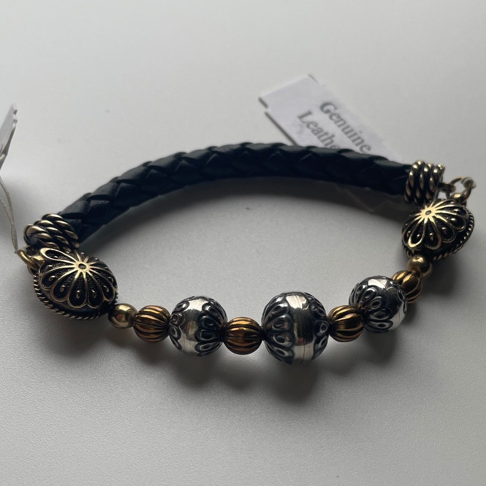 Carolyn Pollack Leather Sterling Silver Beaded Bracelet 7 3/4” NWT